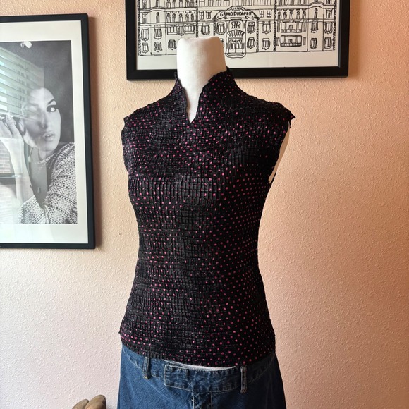 Casual Corner Tops - 2000s Funky Hot Pink Polka Dot Mock Neck Blouse
